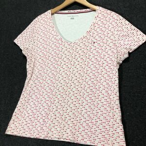 Tommy Hilfiger Heart Print V-Neck Tee Casual Top Short Sleeve‎ XL/TG/XG